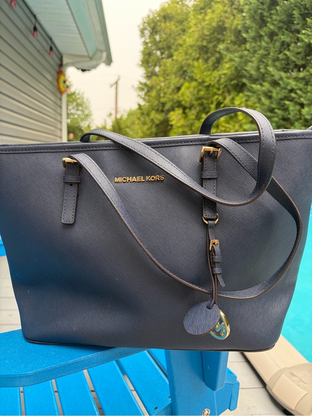 Michael Kors Navy Saffiano Leather Tote with Gold Hardware